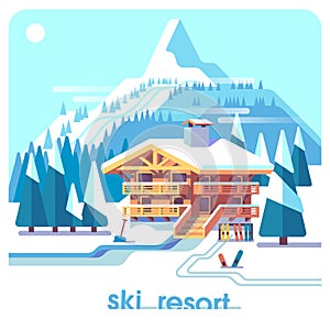 Ski resort mountain detailed landscape with lodge and ski tracks. Winter sports vacation. Flat illustration background.