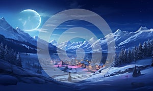 Ski resort at night in winter with moon and stars on the sky, generated by ai