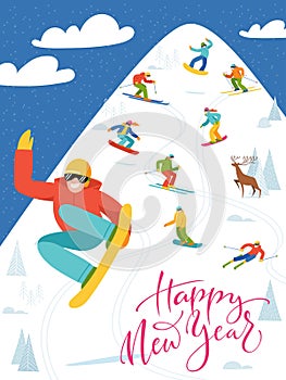 Ski resort poster with high mountain and people doing winter sports.