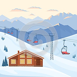 Ski resort with red chair lift, house, chalet, winter mountain evening and morning landscape, snow.