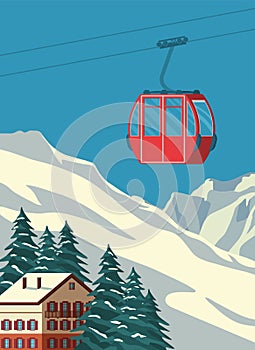 Ski resort with red gondola lift, chalet, winter mountain landscape, snowy slopes. Alps travel retro poster, vintage.