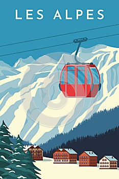 Ski resort with red gondola lift, mountain chalet, winter snowy landscape. Alps travel retro poster, vintage banner. Flat vector.