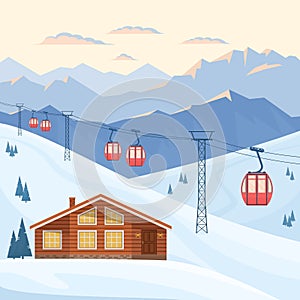 Ski resort with red ski cabin lift on cableway, house, chalet, winter mountain evening and morning landscape, snowy peaks.