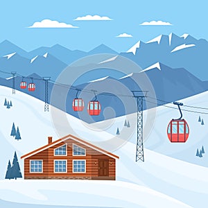 Ski resort with red ski cabin lift on cableway, house, chalet, winter mountain landscape, snowy peaks and slopes.