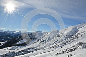 Ski resort Serfaus Fiss Ladis in Austria with snowy mountains an