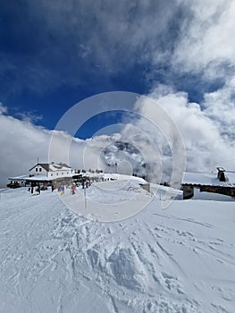 Ski resort slope at Brevent, Chamonix with aprés ski bar