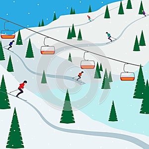 Ski resort snow mountain landscape, skiers on slopes, ski lifts. Winter landscape with ski slope covered with snow, trees and moun