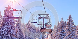 Ski resort view, chair lift banner panorama