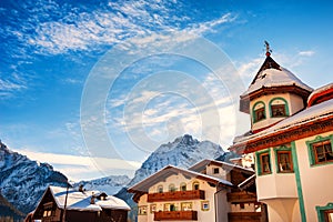 Ski resort in winter Dolomite Alps. Canazei, Val Di Fassa, Italy