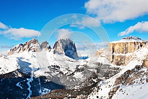 Ski resort in winter Dolomite Alps. Val Di Fassa, Italy