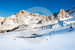 Ski resort in winter Dolomite Alps. Val Di Fassa, Italy