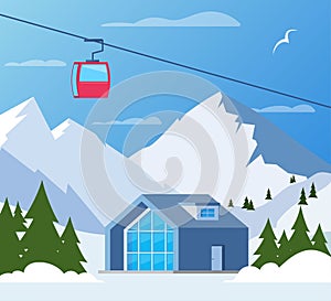 Ski resort. Winter mountain landscape with lodge, ski lift. Winter sports vacation banner. Vector illustration