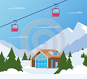 Ski resort. Winter mountain landscape with lodge, ski lift. Winter sports vacation banner. Vector illustration