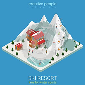 Ski resort winter mountain sport flat isometric vector snowboard