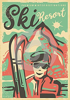 Ski resorts retro poster design template photo