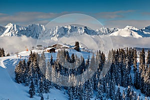 Ski Restaurant on the Mountain Peak near Megeve in French Alps