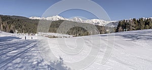 Ski runs on snowy slopes at Birkenlifte, Seefeld, Austria