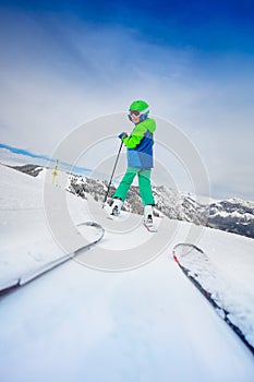 Ski school instructor view of boy on the slope