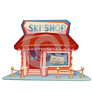 Ski shop building with bright banner. Vector illustration
