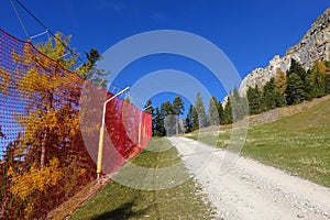Ski slope in autumn at Seceda, Dolomites