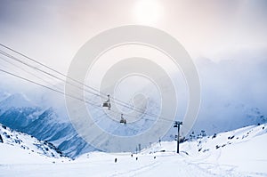 Ski slope and cable car on the ski resort Elbrus