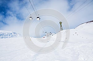 Ski slope and cable car on the ski resort Elbrus.