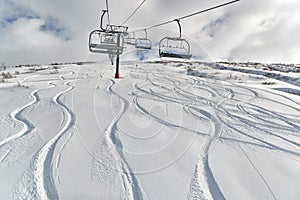 Ski Slope with Fresh Curves, Deep Snow
