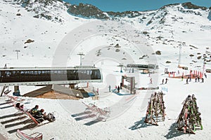 Ski slope and lift on a sunny day in Val Thorens, France