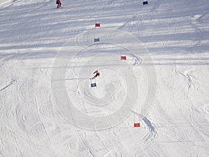 Ski slope at sestriere Italy top view of skiers