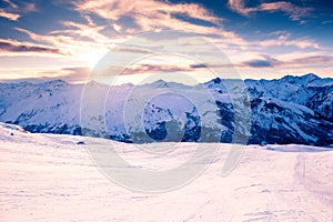 Ski slopes in ski resort in winter Alps. 3 Valleys, France