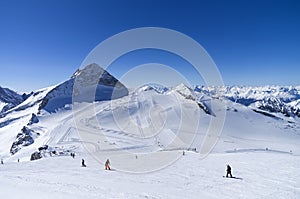 Ski slops on the top of the glacier in the Alps.