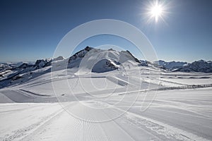 Ski slops on the top of the Hintertux glacier in the Austrian Alps. Height - 3250 meters above sea level