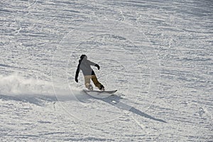 Ski, Snowboard freeride i deep powder snow. Gudauri Georgia Caucasus resort. Freeride in Caucasus mountains. Freeride snowboarding