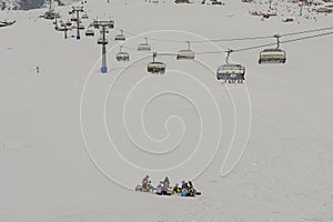 Ski, Snowboard freeride i deep powder snow. Gudauri Georgia Caucasus resort. Freeride in Caucasus mountains. Freeride snowboarding