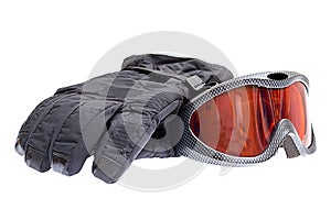 Ski snowboard goggles with gloves isolated