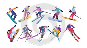 Ski snowboard people, skier characters. Fall snow on downhill, winter man and woman in outerwear skiing or snowboarding