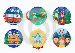 Ski or Snowboard Resort Icons Collection. Vector Circle Banners of Snowboarding Instructor, Mountains, Ski Bus, Alpine
