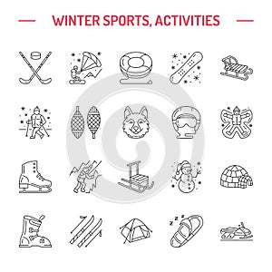 Ski, snowboard, skates, tubing, ice kiting, climbing and other winter sport line icon.