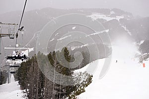 Ski and Snowboard Slope, Cable Chair View, Blizzard, Mountain Scene Landscape