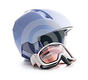 Ski or snowboarding helmet with goggles isolated on white background