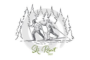 Ski, sport, winter, mountains, snow concept. Hand drawn isolated vector.