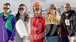 Ski sports collage with snowboarders faces