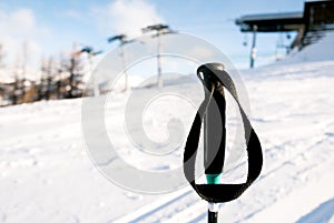 Ski sticks close up with mountain background