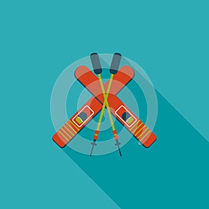 Ski and sticks flat icon with long shadow