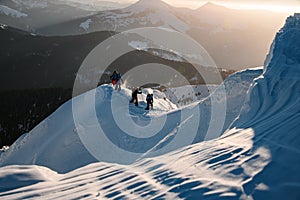 ski tour group walks at range of the mountain Marmaros in the Carpathian mountains. Ski touring and freeride concept