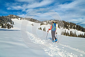 Ski touring in the deep powder snow, Transylvania, Carpathians, Romania