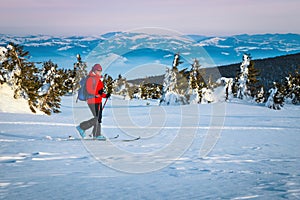 Ski touring in the fresh deep snow, Transylvania, Romania