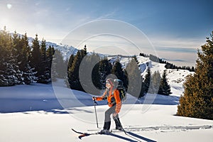 Ski touring on the fresh powder snow