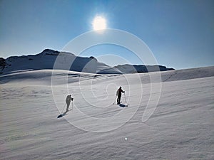 Ski touring group on the ascent to the summit on skis. On the glacier with a view of the Sustenhorn in the Bern Oberland