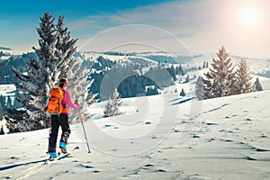 Ski touring on the hills, Transylvania, Carpathians, Romania, Europe